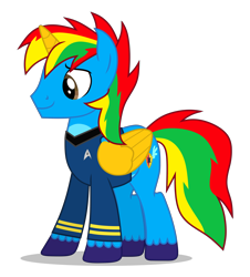 Size: 4000x4433 | Tagged: safe, artist:creedyboy124, oc, oc only, oc:shield wing, alicorn, pony, g4, clothes, male, simple background, smiling, solo, spock, stallion, star trek, transparent background, uniform, vector, vulcan