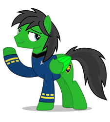 Size: 3600x3974 | Tagged: safe, artist:creedyboy124, oc, oc only, oc:star armour, pegasus, pony, g4, clothes, high res, leonard mccoy, male, simple background, smiling, solo, stallion, star trek, transparent background, uniform, vector