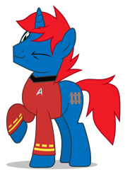 Size: 3137x4260 | Tagged: safe, artist:creedyboy124, oc, oc only, oc:train track, pony, unicorn, g4, clothes, looking at you, male, one eye closed, scotty, simple background, smiling, solo, stallion, star trek, transparent background, uniform, vector, wink, winking at you