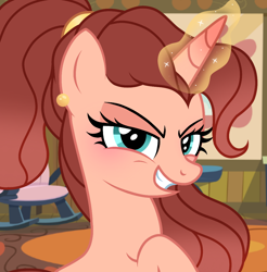 Size: 1080x1096 | Tagged: safe, artist:cstrawberrymilk, oc, oc:golden rose, pony, unicorn, g4, ear piercing, earring, evil smile, female, grin, jewelry, looking at you, magic, mare, piercing, smiling, solo, telekinesis