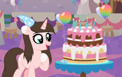 Size: 1123x711 | Tagged: safe, artist:cindystarlight, oc, oc only, pony, unicorn, balloon, cake, female, food, hat, mare, party hat, solo