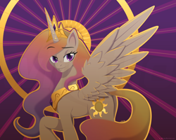 Size: 2000x1600 | Tagged: safe, artist:willoillo, princess celestia, alicorn, pony, g4, abstract background, backlighting, butt, colored, concave belly, crown, ethereal mane, ethereal tail, female, gold, gradient mane, gradient tail, horn, jewelry, long horn, long mane, looking at you, mare, outline, peytral, plot, quadrupedal, raised hoof, regalia, side view, slender, solo, spread wings, standing, stylized, tail, tall, thin, turned head, wings