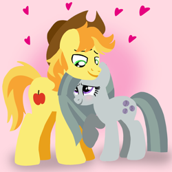 Size: 1400x1400 | Tagged: safe, artist:mlplary6, braeburn, marble pie, earth pony, pony, g4, blushing, boyfriend and girlfriend, braebetes, braeble, cowboy hat, cute, female, hat, heart, lineless, looking at each other, looking at someone, love, male, marblebetes, mare, shipping, smiling, smiling at each other, stallion, straight
