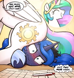 Size: 2689x2796 | Tagged: safe, artist:selenophile, princess celestia, princess luna, alicorn, pony, g4, blushing, butt, calendar, dialogue, female, heat wave, high res, jewelry, luna is not amused, mare, plot, regalia, sitting on person, sitting on pony, smiling, summer, sunbutt, sweat, text, thought bubble, unamused