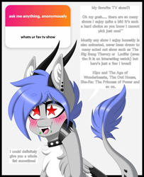 Size: 2600x3206 | Tagged: safe, artist:melodytheartpony, oc, oc:melody silver, dracony, dragon, hybrid, pony, ask, bat wings, blushing, chest fluff, collar, colored background, doodle, ear piercing, excited, fangs, feathered wings, female, happy, high res, hoof fluff, hoof on chin, horns, hybrid oc, hybrid wings, illustration, lip piercing, piercing, short mane, signature, smiling, speech bubble, spiked collar, starry eyes, teeth, text, tongue out, wingding eyes, wings
