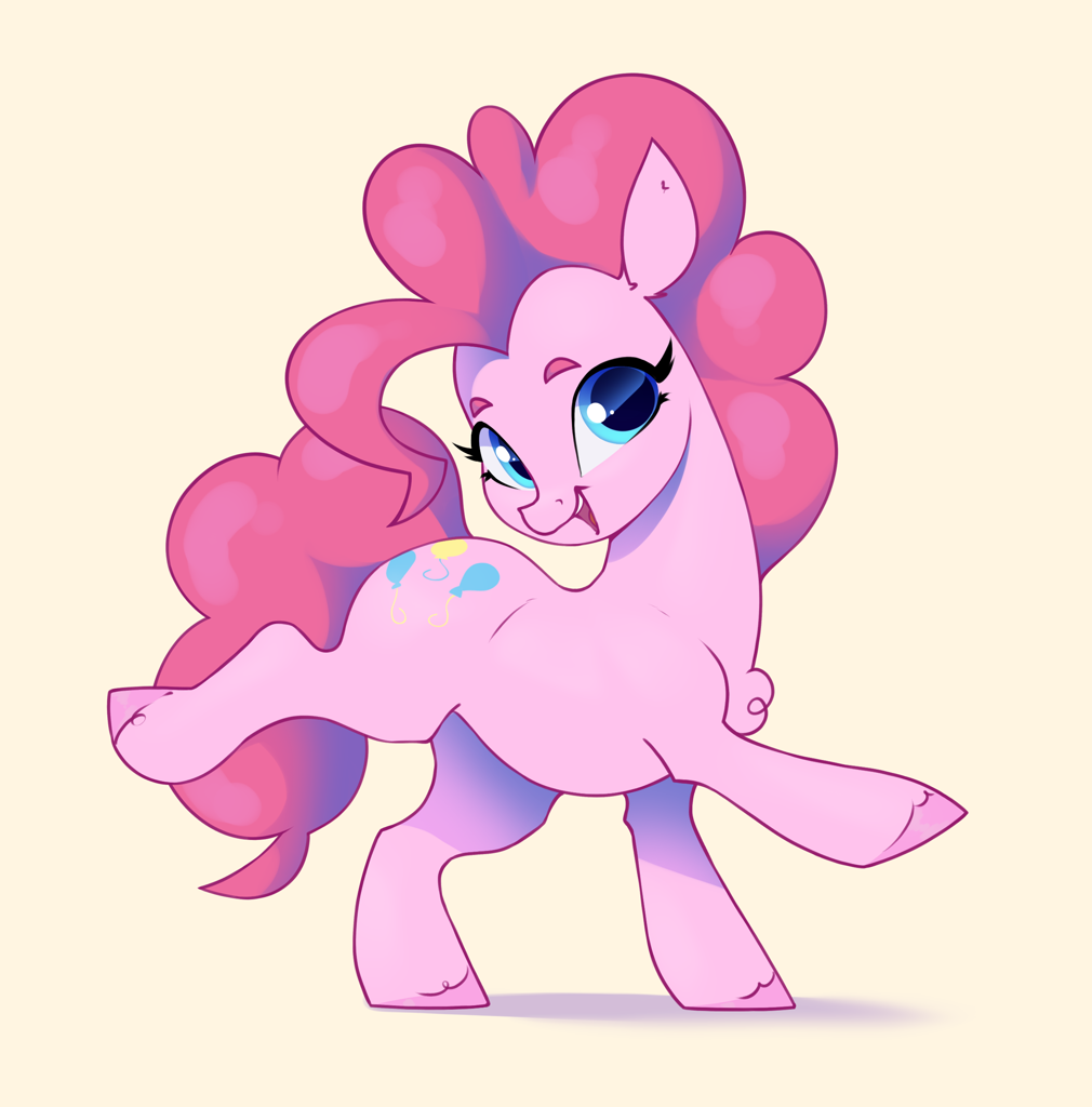 [earth pony,female,high res,mare,open mouth,pinkie pie,pony,raised hoof,safe,simple background,solo,raised leg,smiling,open smile,cream background,artist:aquaticvibes]