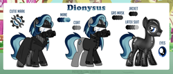 Size: 12051x5154 | Tagged: safe, artist:jennieoo, oc, oc only, oc:dionysus(fudgey), earth pony, pony, clothes, coat, gas mask, latex, latex suit, looking at you, mask, reference sheet, rubber, rubber suit, smiling, smiling at you, smug, solo