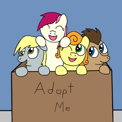 Size: 1696x1698 | Tagged: safe, artist:rakesuk, carrot top, derpy hooves, doctor whooves, golden harvest, roseluck, time turner, earth pony, pony, g4, box, eyes closed, female, male, mare, stallion