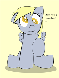 Size: 1928x2569 | Tagged: safe, artist:rakesuk, derpy hooves, pegasus, pony, g4, female, looking at you, mare, simple background, sitting, solo, talking to viewer, yellow background