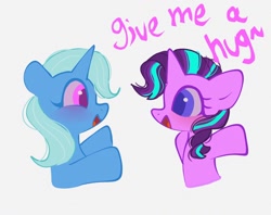 Size: 1024x810 | Tagged: safe, artist:petaltwinkle, starlight glimmer, trixie, pony, unicorn, g4, cute, duo, duo female, female, incoming hug, looking at each other, looking at someone, mare, open mouth, open smile, simple background, smiling, white background