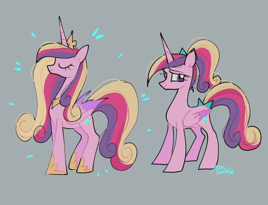 [age progression,alicorn,bow,duo,earth pony,eyes closed,female,hair bow,long mane,mare,older,princess cadance,safe,signature,simple background,solo,tail,tail bow,teen princess cadance,smiling,gray background,artist:petaltwinkle]