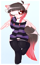 Size: 944x1536 | Tagged: safe, artist:arwencuack, oc, oc:arwencuack, pegasus, anthro, abstract background, arm hooves, braid, choker, clothes, cute, heart, heart eyes, off shoulder, off shoulder sweater, one eye closed, passepartout, shoulderless, smiling, socks, solo, sweater, thigh highs, wingding eyes, zettai ryouiki