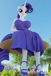 Size: 3840x5760 | Tagged: safe, alternate version, artist:hunterz263, rarity, unicorn, anthro, plantigrade anthro, g4, 3d, 5k, blender, breasts, busty rarity, clothes, dress, feet, flower, high heels, looking at you, nexgen, not sfm, outdoors, shoes, table, tree