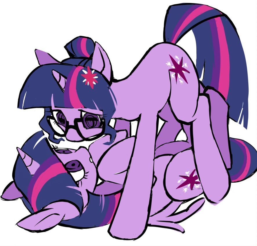 [alicorn,duo,equestria girls,female,glasses,mare,on back,pony,safe,self ponidox,simple background,twilight sparkle,twolight,unicorn,white background,looking at each other,lying down,straddling,duo female,equestria girls ponified,self paradox,sci-twi,twilight sparkle (alicorn),looking at someone,unicorn sci-twi,artist:qianjibahe]