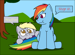 Size: 2932x2160 | Tagged: safe, artist:rakesuk, derpy hooves, rainbow dash, pegasus, pony, g4, biting, colored pupils, duo, female, high res, mare, nom, rainbow dash is not amused, scrunchy face, sitting, tail, tail bite, taste the rainbow, unamused