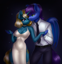 Size: 5056x5248 | Tagged: safe, artist:yutakira92, oc, oc only, oc:keygun, oc:maple parapet, bat pony, unicorn, anthro, alternate hairstyle, bat pony oc, bat wings, belt, both cutie marks, breasts, choker, cleavage, clothes, dancing, dress, duo, female, height difference, holding hands, horn, looking at each other, looking at someone, looking into each others eyes, male, necktie, one eye closed, one eye open, short hair, side slit, total sideslit, wings