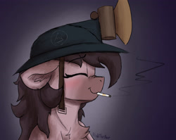 Size: 3057x2432 | Tagged: safe, artist:reddthebat, oc, oc only, oc:number nine, earth pony, pony, bust, chest fluff, cigarette, eyes closed, female, floppy ears, happy, headlamp, helmet, high res, mare, mining helmet, smiling, smoking, solo