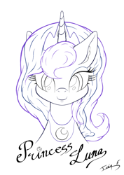 Size: 2481x3508 | Tagged: safe, artist:memprices, princess luna, alicorn, pony, g4, bust, crown, high res, jewelry, lineart, looking at you, pencil drawing, portrait, regalia, signature, simple background, smiling, smiling at you, solo, text, traditional art, white background, wip