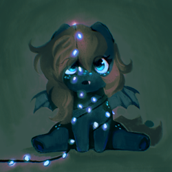 Size: 2000x2000 | Tagged: source needed, safe, artist:dearmary, oc, oc only, oc:nightingale, bat pony, pony, bat pony oc, christmas, christmas lights, female, filly, foal, high res, holiday, solo, spread wings, wings