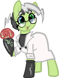 Size: 899x1045 | Tagged: safe, artist:nootaz, oc, oc only, oc:dr.frakenmare, pony, alternate color palette, brain, clothes, dr.frakenmare, female, glasses, hoof gloves, lab coat, mare, organs, simple background, solo, transparent background