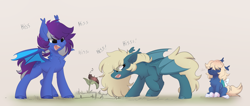 Size: 2680x1138 | Tagged: source needed, safe, artist:little-sketches, oc, oc:nightingale, oc:serene steppe, oc:vesperi, bat pony, caterpillar, pony, angry, bat pony oc, behaving like a cat, chest fluff, confusion, fangs, female, field, filly, foal, grass, grass field, hissing, leaf, male, mare, open mouth, protecting, raised hoof, siblings, sitting, sniffling, spread wings, stallion, standing, wings