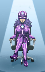 Size: 951x1518 | Tagged: safe, artist:hazurasinner, rarity, human, g4, armor, body armor, boots, chair, commission, crossed legs, female, helmet, high heels, humanized, office chair, shoes, smiling, solo, visor