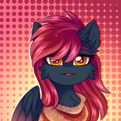 Size: 2500x2500 | Tagged: safe, artist:stesha, oc, oc only, oc:storm sketch, pegasus, pony, abstract background, chest fluff, clothes, colored wings, commission, ear fluff, gradient background, high res, looking at you, male, multicolored wings, scarf, solo, stallion, wings, ych result