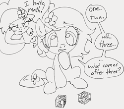 Size: 820x720 | Tagged: safe, artist:dotkwa, oc, oc only, oc:kayla, earth pony, pony, blocks, dialogue, female, filly, flower, flower in hair, foal, gray background, grayscale, hoof on chin, monochrome, simple background, solo, speech bubble, thought bubble, toy