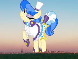 Size: 1280x960 | Tagged: safe, anonymous editor, artist:dashiesparkle, edit, sapphire shores, earth pony, pony, g4, clothes, eyeshadow, female, france, giant pony, giantess, hat, highrise ponies, irl, looking at you, macro, makeup, mare, paris, photo, ponies in real life, smiling, solo, story included