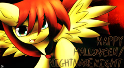 Size: 1960x1080 | Tagged: safe, artist:dshou, oc, oc only, oc:shooting star, pegasus, pony, caption, fangs, happy halloween, nightmare night, solo, text, vampire costume