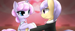 Size: 960x400 | Tagged: safe, artist:dshou, oc, oc only, earth pony, pony, unicorn, bronycon, bust, clothes, duo, female, heart, hearts and hooves day, holding hooves, holiday, male, mare, oc x oc, shipping, stallion, straight, tuxedo, valentine's day