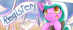 Size: 640x267 | Tagged: safe, artist:dshou, oc, oc only, oc:mane event, pony, unicorn, bronycon, banner, bust, clipboard, female, glowing, glowing horn, horn, mare, open mouth, quill, smiling, solo