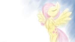 Size: 1920x1080 | Tagged: safe, artist:dshou, fluttershy, pegasus, pony, g4, colored sketch, eyes closed, female, flying, hooves to the chest, mare, sketch, smiling, solo