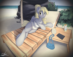 Size: 3240x2542 | Tagged: safe, artist:potato22, derpy hooves, pegasus, semi-anthro, art pack:beach day, g4, alternate hairstyle, arm hooves, beach, beach chair, bikini, blushing, chair, clothes, female, high res, looking at you, lying down, mare, on side, signature, solo, swimsuit, white bikini, white swimsuit