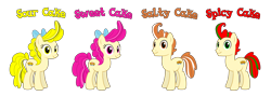 Size: 10088x3601 | Tagged: source needed, safe, anonymous artist, oc, oc only, oc:salty cake, oc:sour cake, oc:spicy cake, oc:sweet cake, earth pony, pony, g4, absurd resolution, accessory, bow, brother, brother and sister, brothers, description is relevant, eyelashes, family, female, hair bow, happy, looking, looking at you, male, mare, name, nostrils, offspring, parent:pound cake, parent:pumpkin cake, parents:cakecest, parents:caketwincest, product of incest, quadruplets, show accurate, siblings, simple background, sister, sisters, smiling, stallion, standing, text, transparent background, vector
