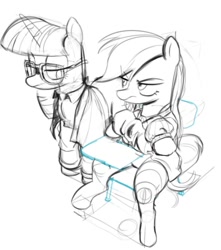Size: 1204x1364 | Tagged: safe, artist:_ton618_, rainbow dash, twilight sparkle, pegasus, pony, unicorn, g4, crossed hooves, desk, duo, female, frown, furrowed brow, glasses, looking at each other, looking at someone, mare, simple background, sitting, sketch, unicorn twilight, white background