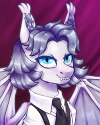 Size: 1200x1500 | Tagged: safe, artist:mr.catfish, oc, oc only, oc:armed sage, bat pony, pony, eaw redux, equestria at war mod, blue eyes, business suit, bust, clothes, ear fluff, femboy, light skin, male, portrait, purple background, sharp teeth, shirt, smiling, solo