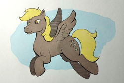 Size: 1280x859 | Tagged: safe, artist:darkhestur, derpy hooves, g1, g4, flying, g1 style, g4 to g1, generation leap, marker drawing, pony only, simple background, spread wings, traditional art, wall eyed, wings