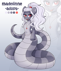 Size: 3405x3973 | Tagged: safe, artist:madelinne, oc, oc only, lamia, original species, semi-anthro, adoptable, adoption, belly button, fangs, female, gradient background, high res, jewelry, long hair, looking at you, mare, necklace, open mouth, open smile, red eyes, reference sheet, smiling, solo, white hair, zoom layer