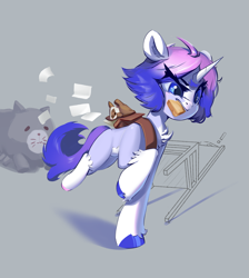 Size: 2163x2415 | Tagged: safe, artist:i love hurt, oc, oc only, pony, unicorn, bag, bread, chair, exclamation point, female, food, high res, looking forward, mare, palindrome get, paper, running, satchel, schoolgirl toast, simple background, toast, toy
