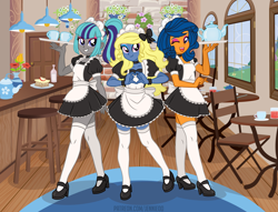 Size: 6000x4575 | Tagged: safe, artist:jennieoo, oc, oc only, oc:azure/sapphire, oc:cold front, oc:disty, human, equestria girls, g4, clothes, crossdressing, femboy, heart hands, lolita fashion, maid, maid cafe, male, one eye closed, stockings, thigh highs, thigh socks, trio, waitress, wig, wink