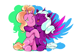 Size: 1600x1200 | Tagged: safe, artist:thurder2020, luster dawn, opaline arcana, alicorn, pony, unicorn, g4, g5, cute, drop shadow, duo, duo female, eyes closed, female, g5 to g4, generation leap, happy, hug, lusterbetes, mare, one eye closed, opalinebetes, open mouth, open smile, raised hoof, sitting, smiling, spread wings, squishy cheeks, wings