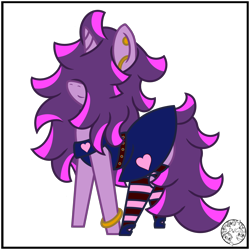 Size: 2000x2000 | Tagged: safe, artist:dice-warwick, oc, oc only, oc:fizzy fusion pop, pony, unicorn, fallout equestria, bag, clothes, ear piercing, earring, female, hair over eyes, heart, high res, highlights, jewelry, long mane, long tail, mare, messy mane, piercing, saddle bag, simple background, socks, solo, stockings, striped socks, tail, thigh highs, transparent background