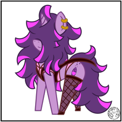 Size: 2000x2000 | Tagged: safe, artist:dice-warwick, oc, oc only, oc:fizzy fusion pop, pony, unicorn, fallout equestria, bag, butt freckles, choker, clothes, ear piercing, earring, female, fishnet stockings, freckles, hair over eyes, heart, high res, highlights, jewelry, long mane, long tail, mare, messy mane, panties, piercing, pink panties, simple background, socks, solo, stockings, tail, thigh highs, transparent background, underwear