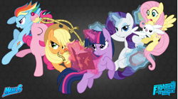 Size: 8000x4443 | Tagged: safe, artist:twilirity, angel bunny, applejack, fluttershy, pinkie pie, rainbow dash, rarity, twilight sparkle, pony, unicorn, fighting is magic, g4, book, cupcake, food, gem, lasso, magic, mane six, rope, unicorn twilight, wallpaper