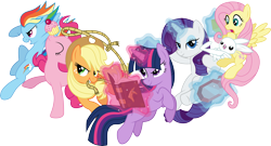 Size: 8000x4309 | Tagged: safe, alternate version, artist:twilirity, angel bunny, applejack, fluttershy, pinkie pie, rainbow dash, rarity, twilight sparkle, earth pony, pegasus, pony, rabbit, unicorn, fighting is magic, g4, animal, book, cupcake, food, gem, lasso, magic, mane six, rope, simple background, transparent background, unicorn twilight, wallpaper