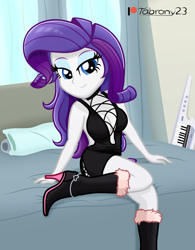 Size: 1023x1312 | Tagged: safe, alternate version, artist:tabrony23, rarity, human, equestria girls, g4, absolute cleavage, beautiful, bed, bedroom eyes, boots, breasts, busty rarity, cleavage, clothes, cosplay, costume, cute, dress, female, king of fighters, looking at you, on bed, patreon, patreon logo, pillow, sexy, shermie (king of fighters), shoes, show accurate, signature, sitting, smiling, solo, stupid sexy rarity