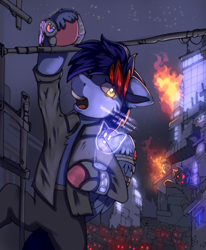 Size: 1900x2302 | Tagged: safe, artist:freak-side, oc, oc only, oc:dawn chaser, pegasus, pony, undead, zombie, apocalypse, bandage, blood, building, city, climbing, clothes, colored hooves, commission, detailed background, dialogue, fire, glowing, glowing eyes, hologram, horde, injured, injured wing, male, male oc, night, open mouth, pegasus oc, red eyes, stallion, stallion oc, teeth, two toned mane, wings, ych result