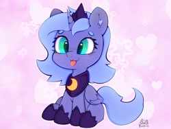Size: 4000x3000 | Tagged: safe, artist:zokkili, princess luna, alicorn, pony, g4, :p, beanbrows, cute, ear fluff, eyebrows, female, filly, folded wings, heart, high res, hoof shoes, horn, looking at you, lunabetes, peytral, princess shoes, signature, sitting, smiling, smiling at you, solo, sparkles, stars, tongue out, wings, woona, younger
