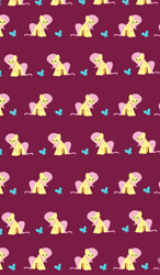 Size: 3500x6000 | Tagged: safe, artist:kittyrosie, fluttershy, butterfly, pegasus, pony, g4, ><, cute, eyes closed, female, happy, mare, open mouth, purple background, repeating pattern, shyabetes, simple background, solo, tiled background, wallpaper, yay